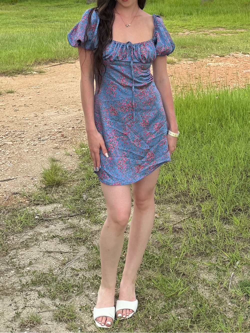 Princess Polly Blue Mini Dress with Pink Floral Accents